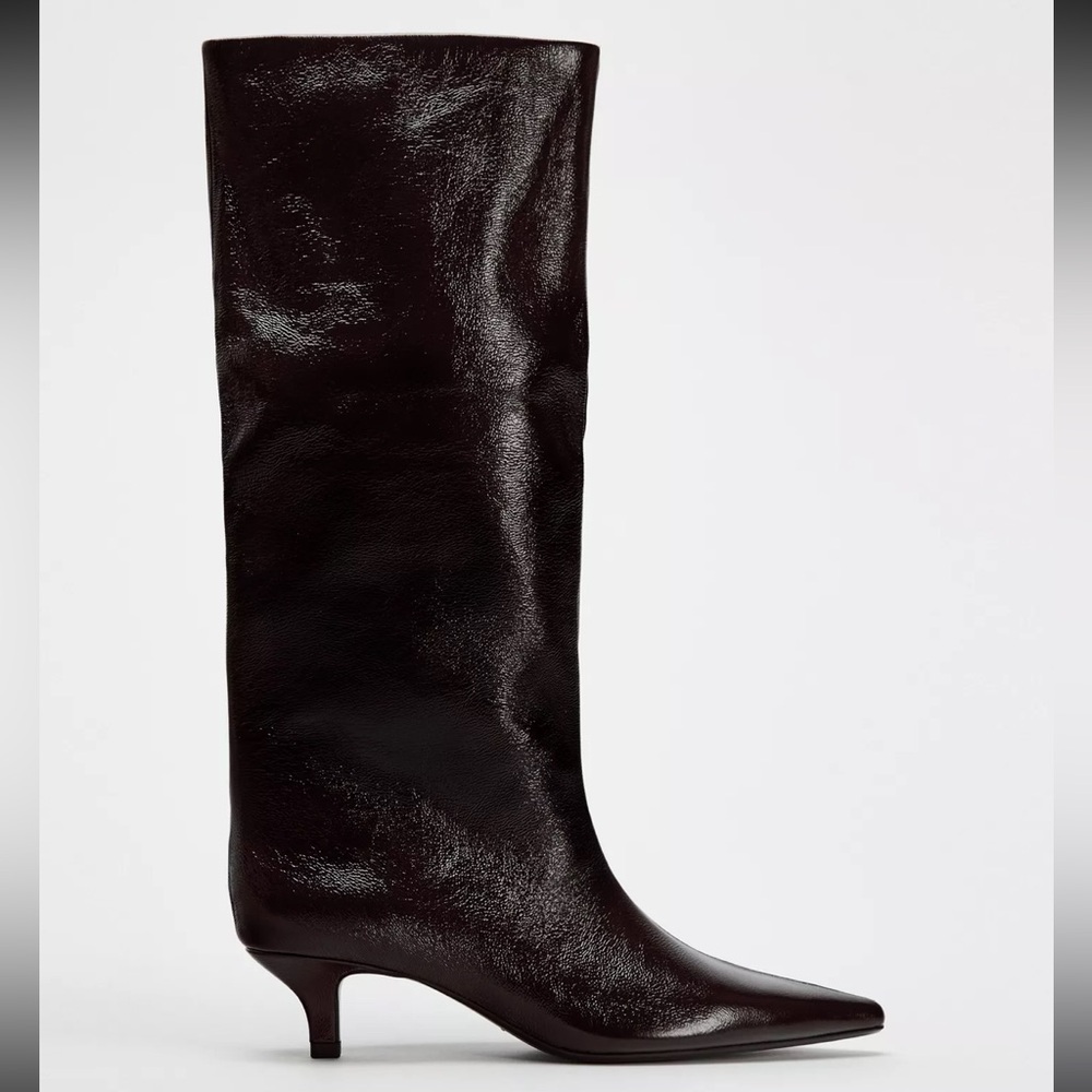 Patent kitten heel knee high boots